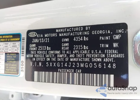 2021 Kia K5 Lxs from USA, damaged, VIN 5XXG14J23MG056148